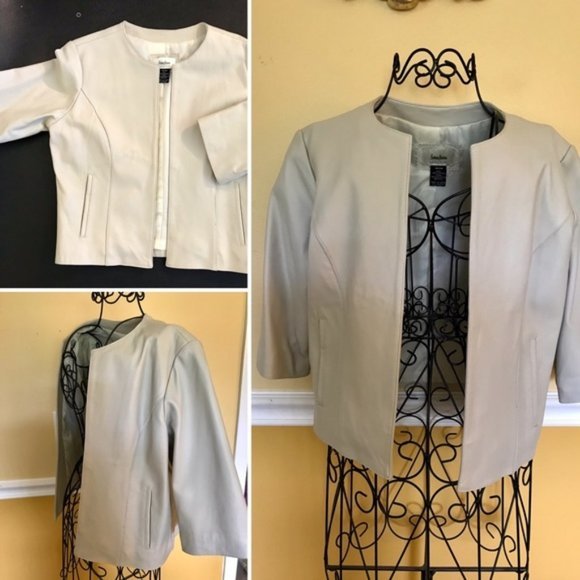 Neiman Marcus round neck cropped buttonless 3/4 sleeves leather blazer - Picture 3 of 10